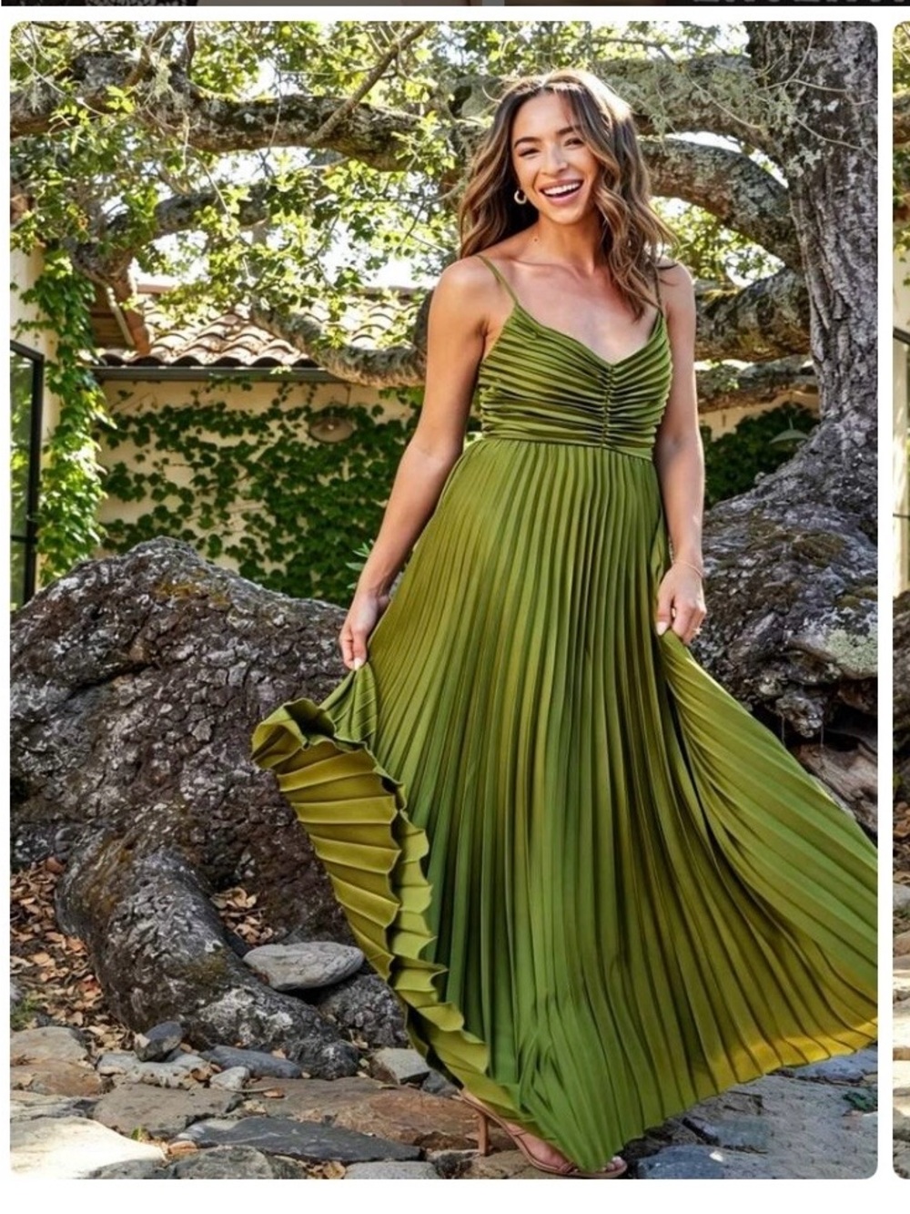 SHEIN Olive Green Pleated Maxi Dress with Spaghetti Straps